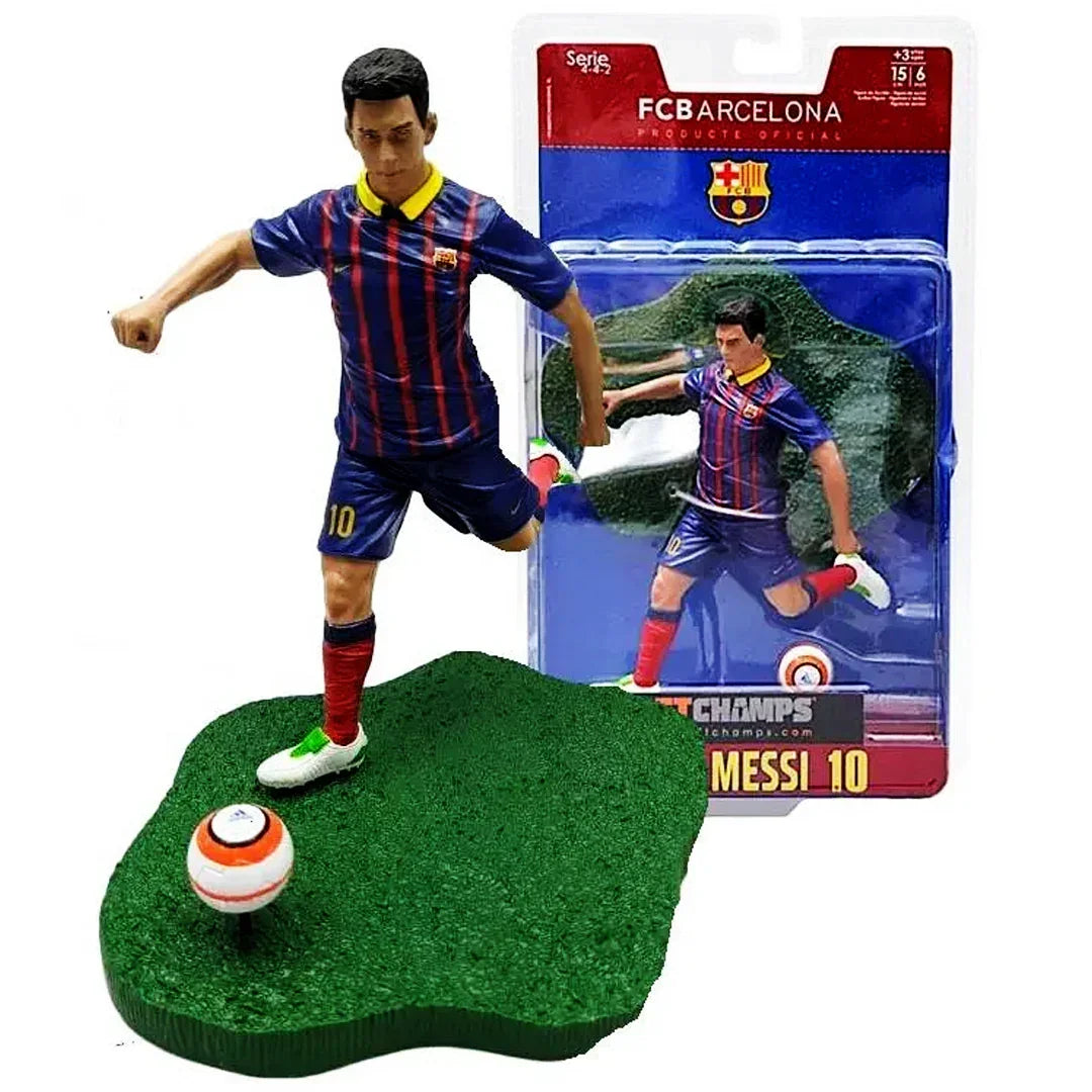 FC Barcelona action figure of a soccer player in blue and red jersey, kicking a ball, displayed with packaging.