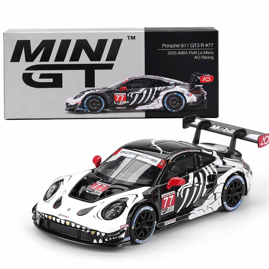 MINI GT 1:64 Porsche 911 GT3 R #77 AO Racing "Skeleton Rexy" 2025 IMSA Petit Le Mans & Subaru Impreza WRC99 #23 2000 Acropolis Rally Die-Cast Model Car Set