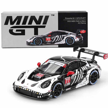 MINI GT 1:64 Porsche 911 GT3 R #77 AO Racing "Skeleton Rexy" 2025 IMSA Petit Le Mans & Subaru Impreza WRC99 #23 2000 Acropolis Rally Die-Cast Model Car Set