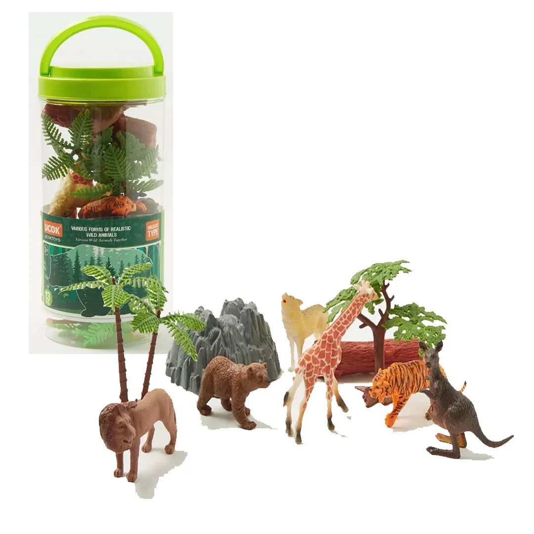 Wild Animal Figures Playset in Storage Jar – 16 Piece Educational Toy with Animals, Trees & Accessories for Kids - Jaiman Toys