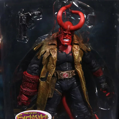 Red demon action figure with large horns, trench coat, and gun accessory in box