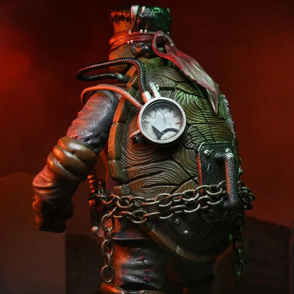 Detailed action figure with mechanical backpack, gauge, chains, and rugged, textured shell