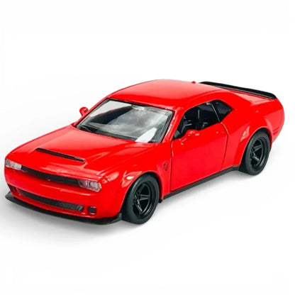 RMZ City 1:36 Dodge Challenger SRT Demon Die-Cast Car | Licensed Collectible with Opening Doors & Pull-Back Action | Metal Model Toy (Red / Yellow)