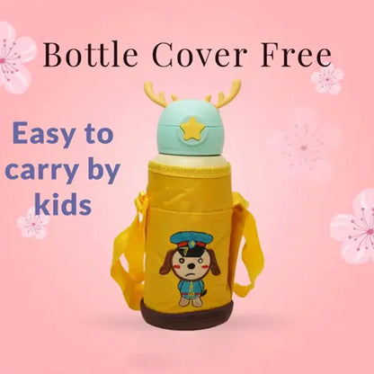 Deer Stainless Steel Water Bottle For Kids with carry bag, additional cup and sipper 500 ML (Cream) - Jaiman Toys