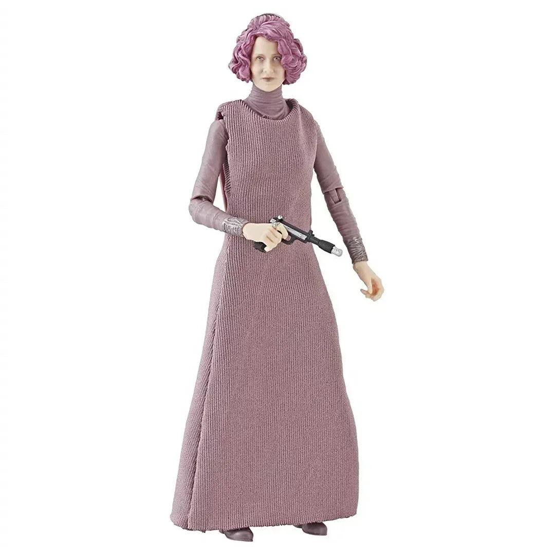Action figure of woman with purple hair in a long mauve dress holding a blaster toy