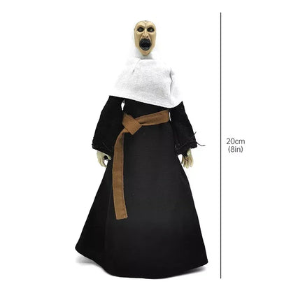 Scary nun action figure doll with black robe and white veil, 20cm (8in) tall, collectible toy.