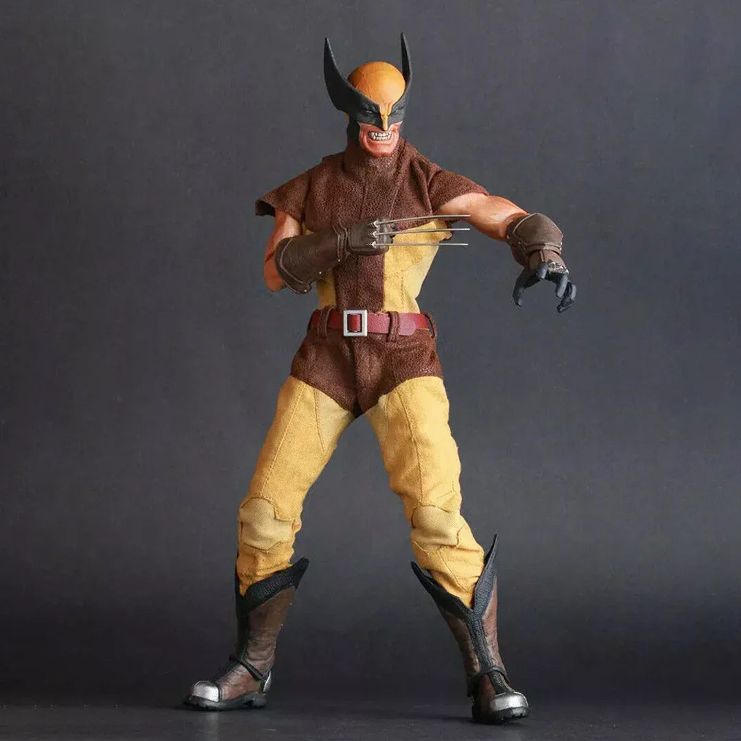 Action figure in yellow and brown costume with mask and claws posed against dark background.