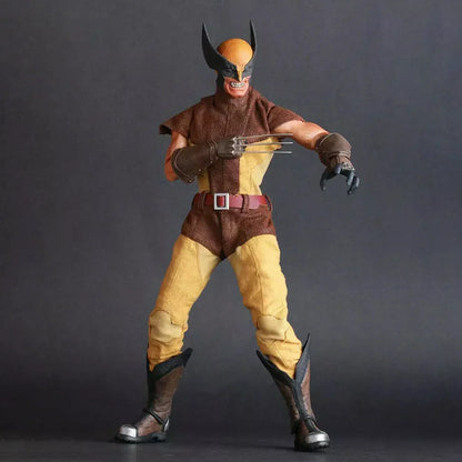 Action figure in yellow and brown costume with mask and claws posed against dark background.