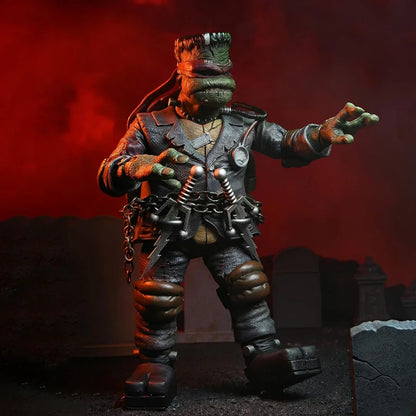 Frankenstein-inspired action figure in chainsuit with bolts, posed in spooky graveyard setting