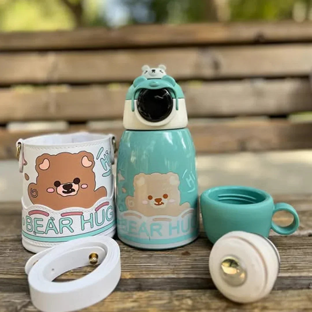 Bear Hug Stainless Steel Digital Water Bottle For Kids with carry bag, additional cup and sipper 500 ML (Green) - Jaiman Toys