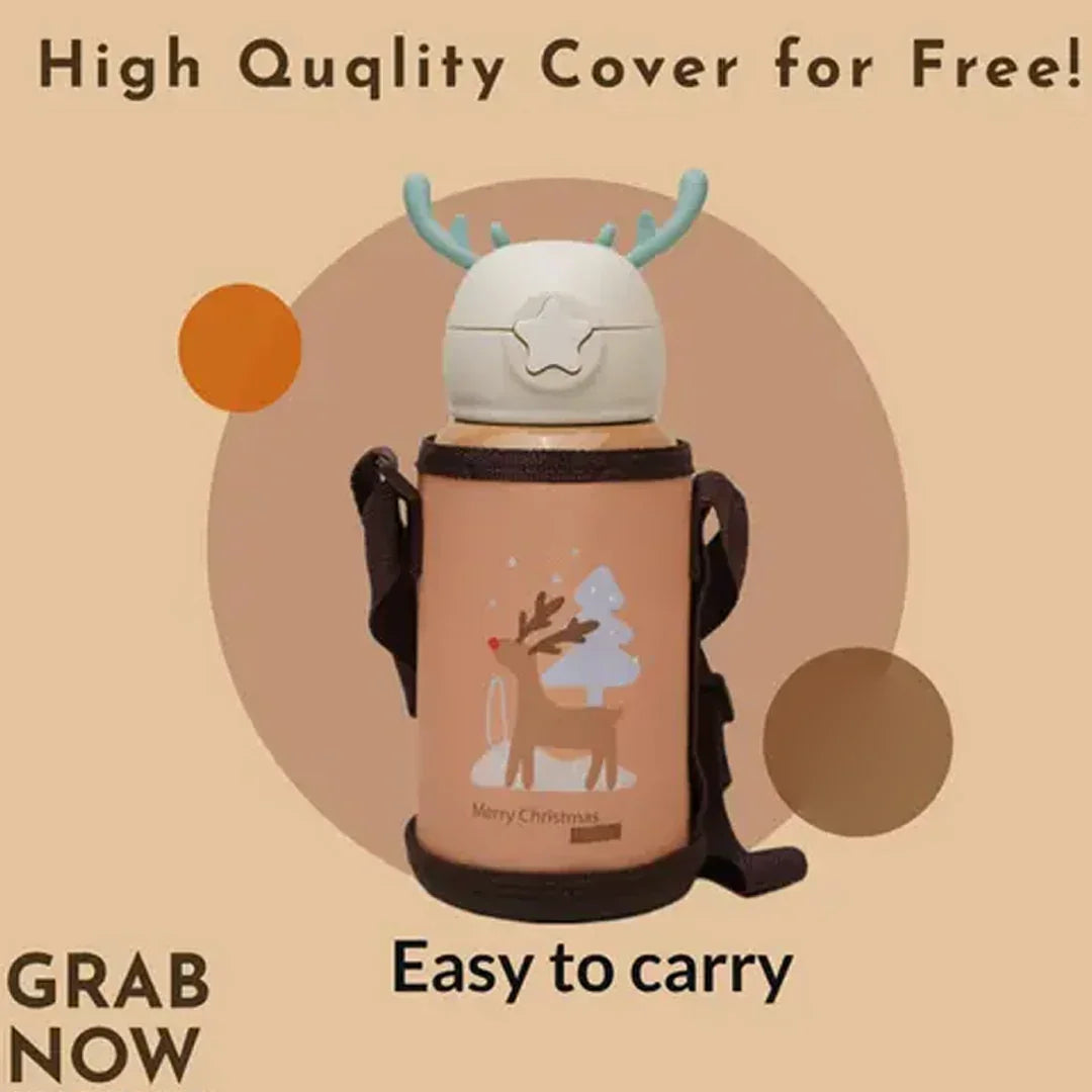 Kids Insulated Stainless Steel Water Bottle with Cup & Carry Pouch – Leakproof School Bottle with Shoulder Strap (Reindeer Design)