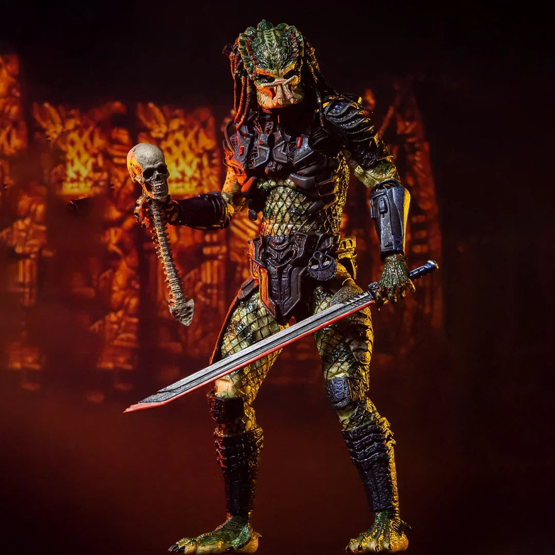 Predator action figure with sword and skull accessory in dramatic, fiery background.