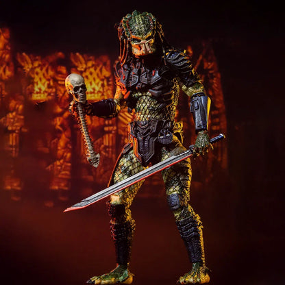 Predator action figure with sword and skull accessory in dramatic, fiery background.