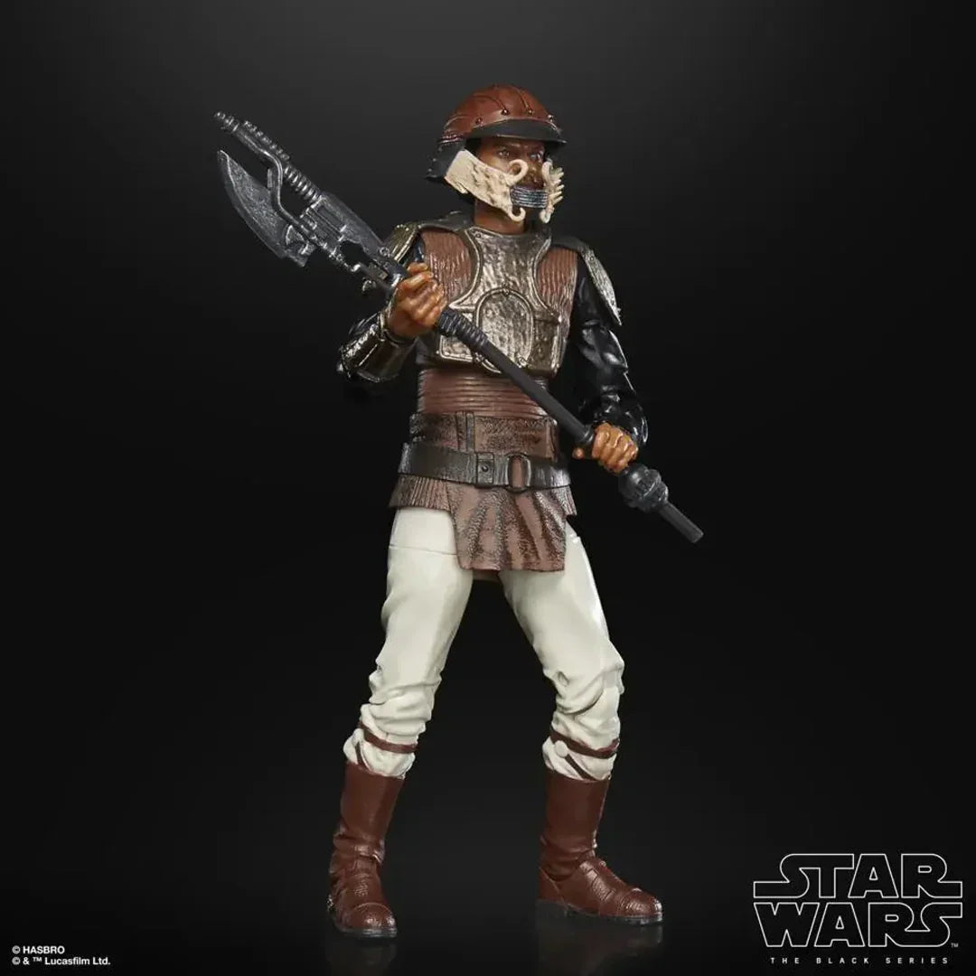 Star Wars action figure in detailed armor with helmet and weapon from Hasbro Black Series