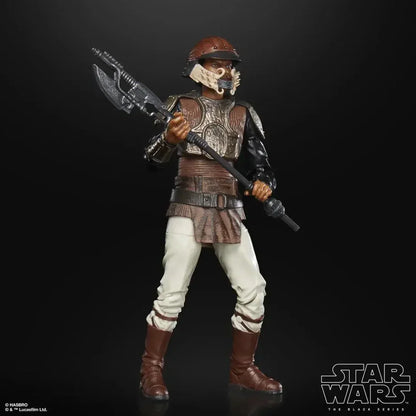 Star Wars action figure in detailed armor with helmet and weapon from Hasbro Black Series
